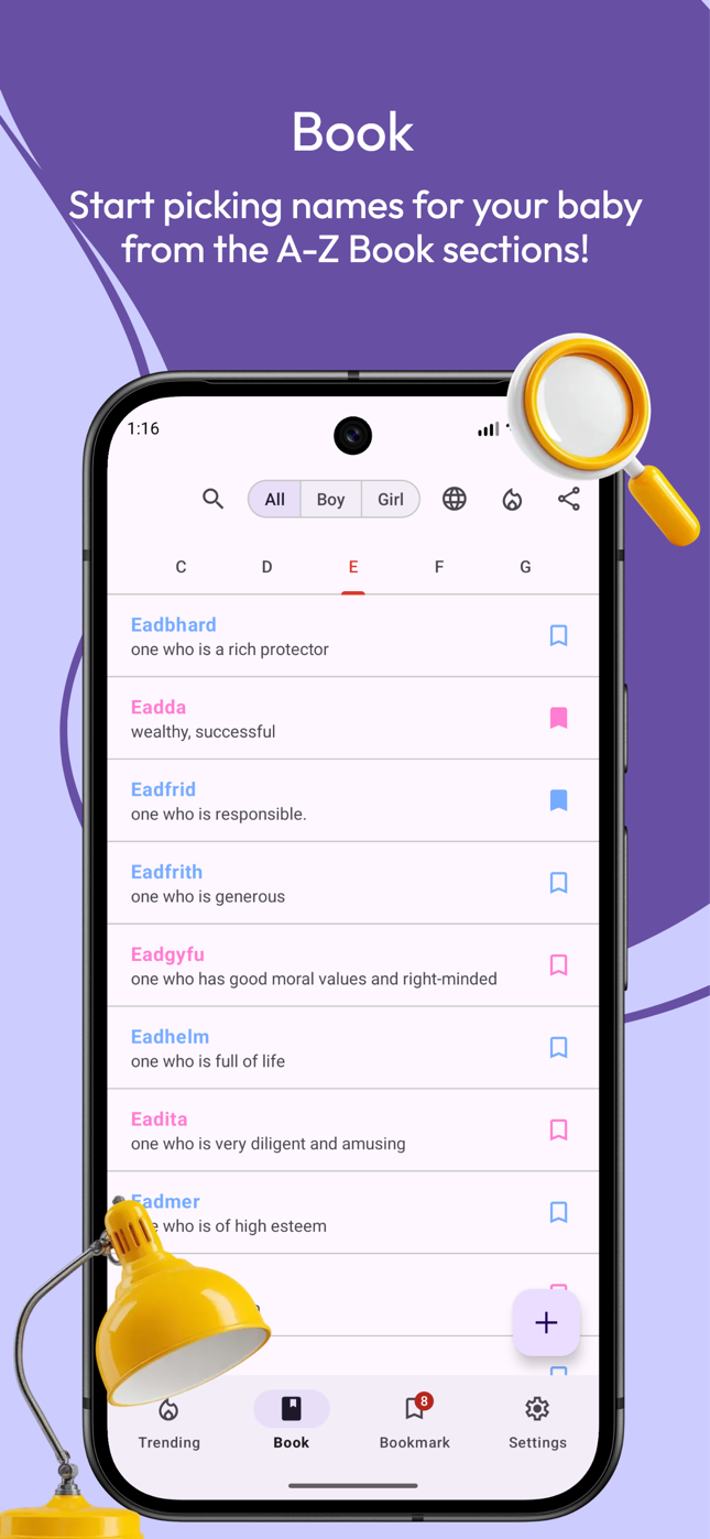 Namly Book screen showing baby names arranged alphabetically with gender and origin filters