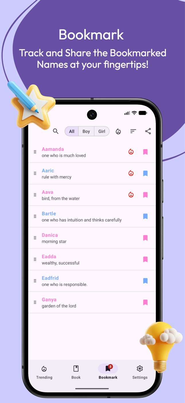 Namly Bookmarks screen showing a saved shortlist of baby names