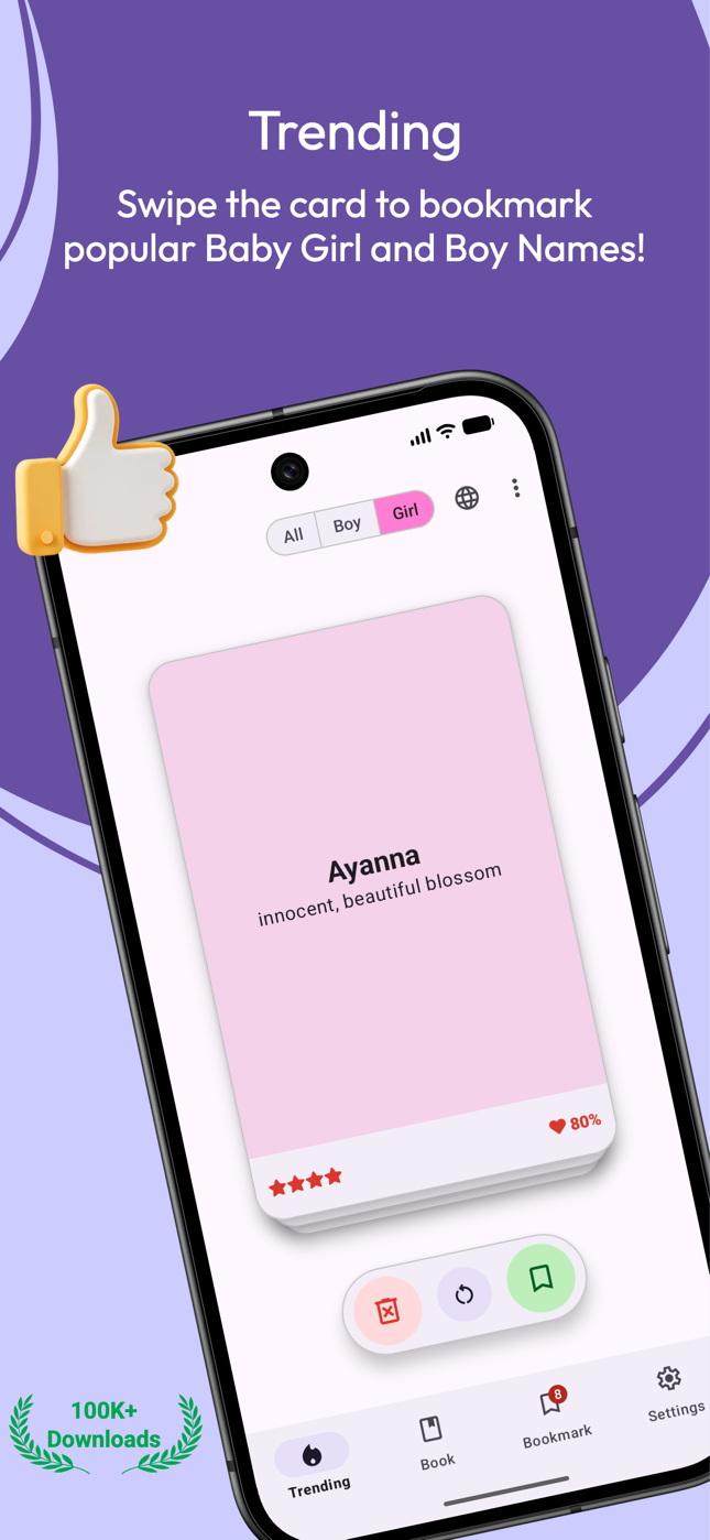 Namly Trending screen showing a baby girl name card and bookmark controls